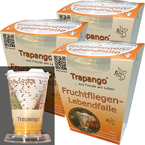 3x Fruchtfliegen-Lebendfalle Trapango®, (3er-Pack) wiederverwendbar ✓, Made in Germany ✓